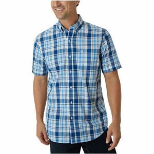 CHAPS Easy Care Shirt Short Sleeve Classic Fit Soft Touch Blue & White Plaid NWT